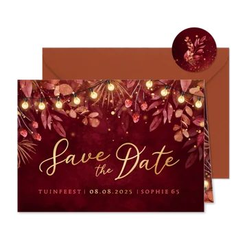 Save the date uitnodiging tuinfeest lampjes rood goud